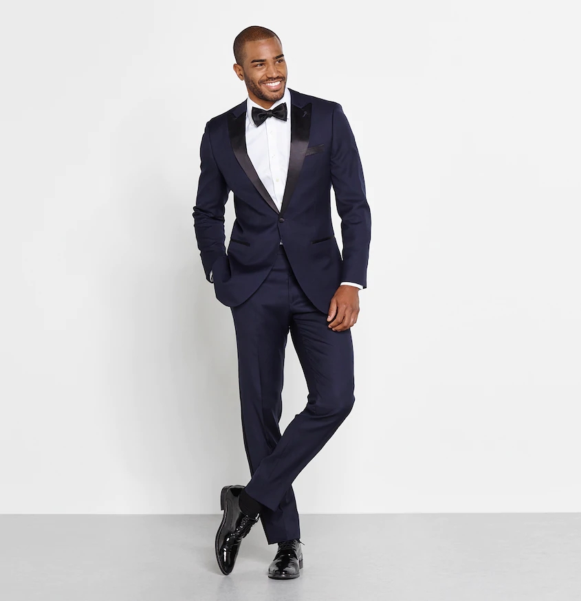 Navy Gentle Groom Wedding Tuxedos Satin Black Peaked Lapel One Button Mens Designer Jackets Blazer Suits Formal Prom Custom (Jacket+Pants)