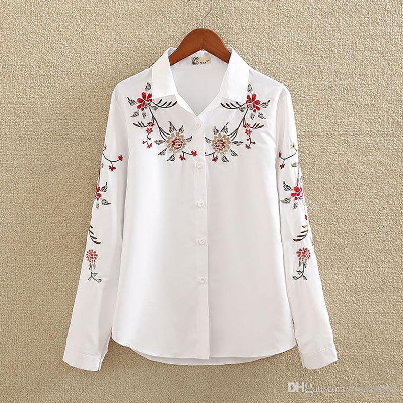 2020 Long Sleeve Floral Women Embroidered Blouse White Elegant Turn-down Collar Office Women Casual Blouse 2019 Spring New Top