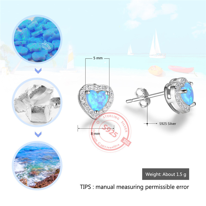 925 Sterling Silver Blue Creat Opal Heart Shape Stud Earrings Cubic Zirconia Earring Wedding Jewelry Mother Gift