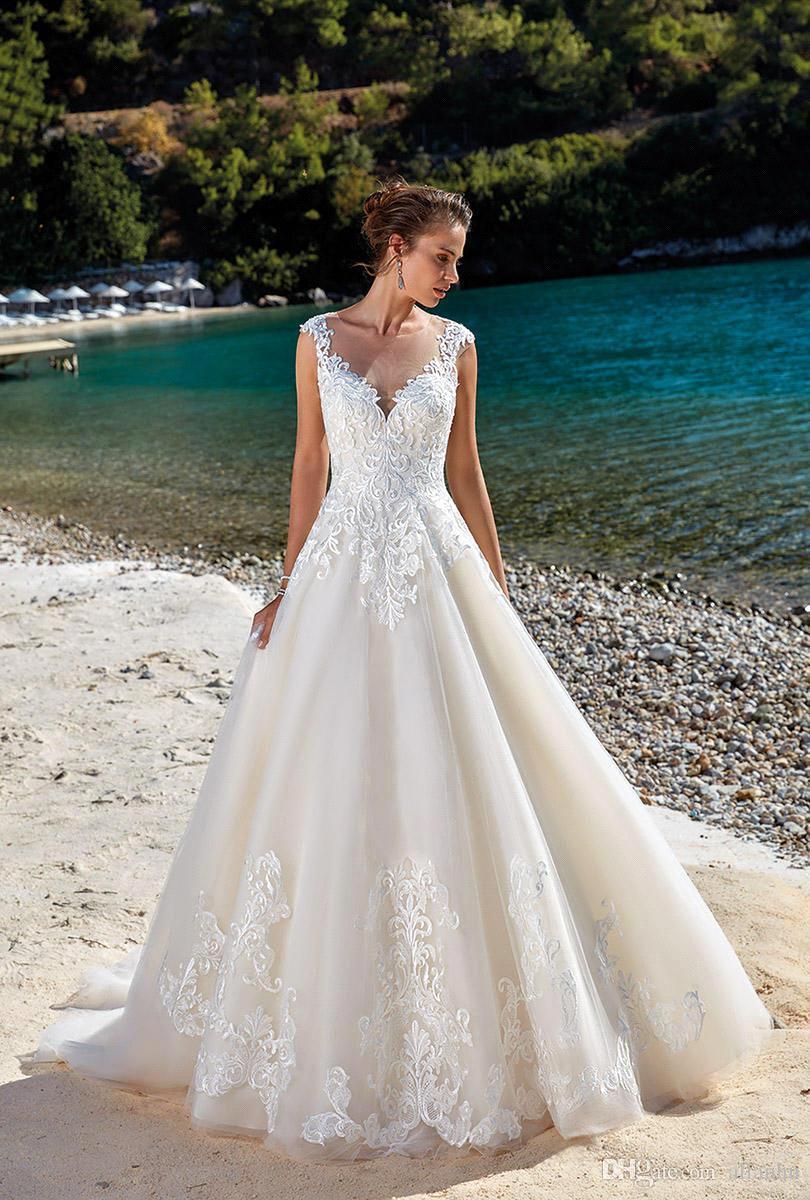 Elegant Ivory Lace Wedding Dresses Capped Sleeves Lace Appliques Illusion Back Wedding Bridal Gowns Beach Summer Wear Dress BC1310