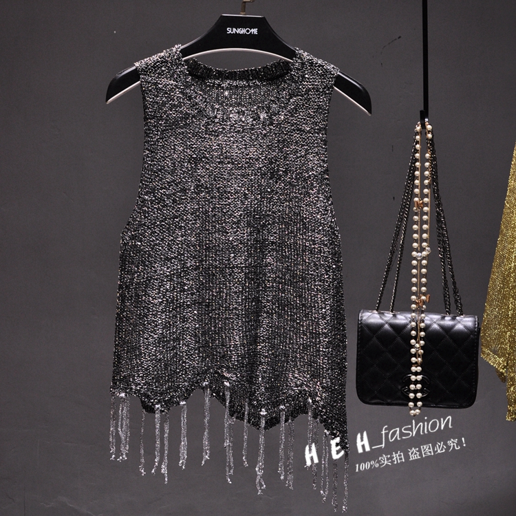 New design womens o-neck sleeveless paillette shinny lurex patchwork knitted asymmetric tassel fringe vest tank tops camisole