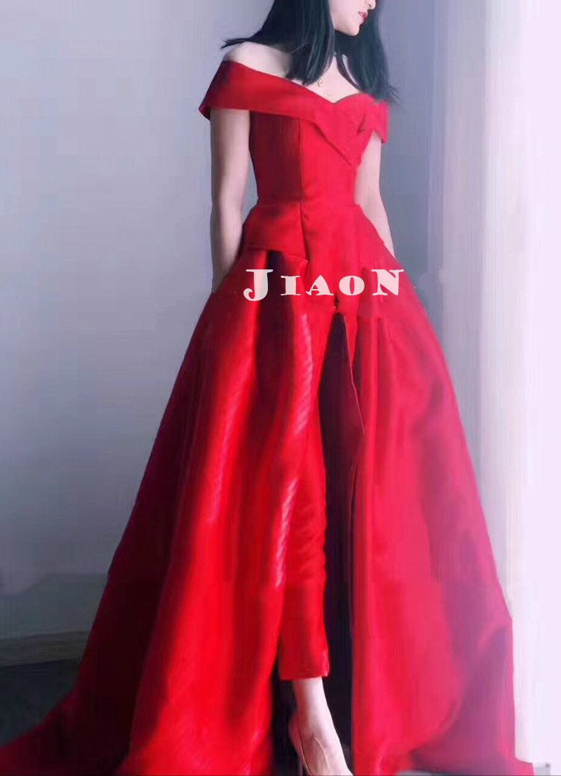 Women Jumpsuit With Long Train White Evening Dresses Off Shoulder Sweep Train Elegant Prom Dress Party Zuhair Murad Dress Vestidos Festa