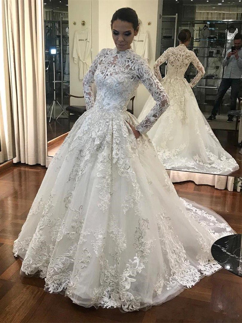 New Arrival Muslim A Line Wedding Dresses Illusion High Neck Long Sleeves Lace Appliques Button Back Plus Size Western Bridal Gowns 0505