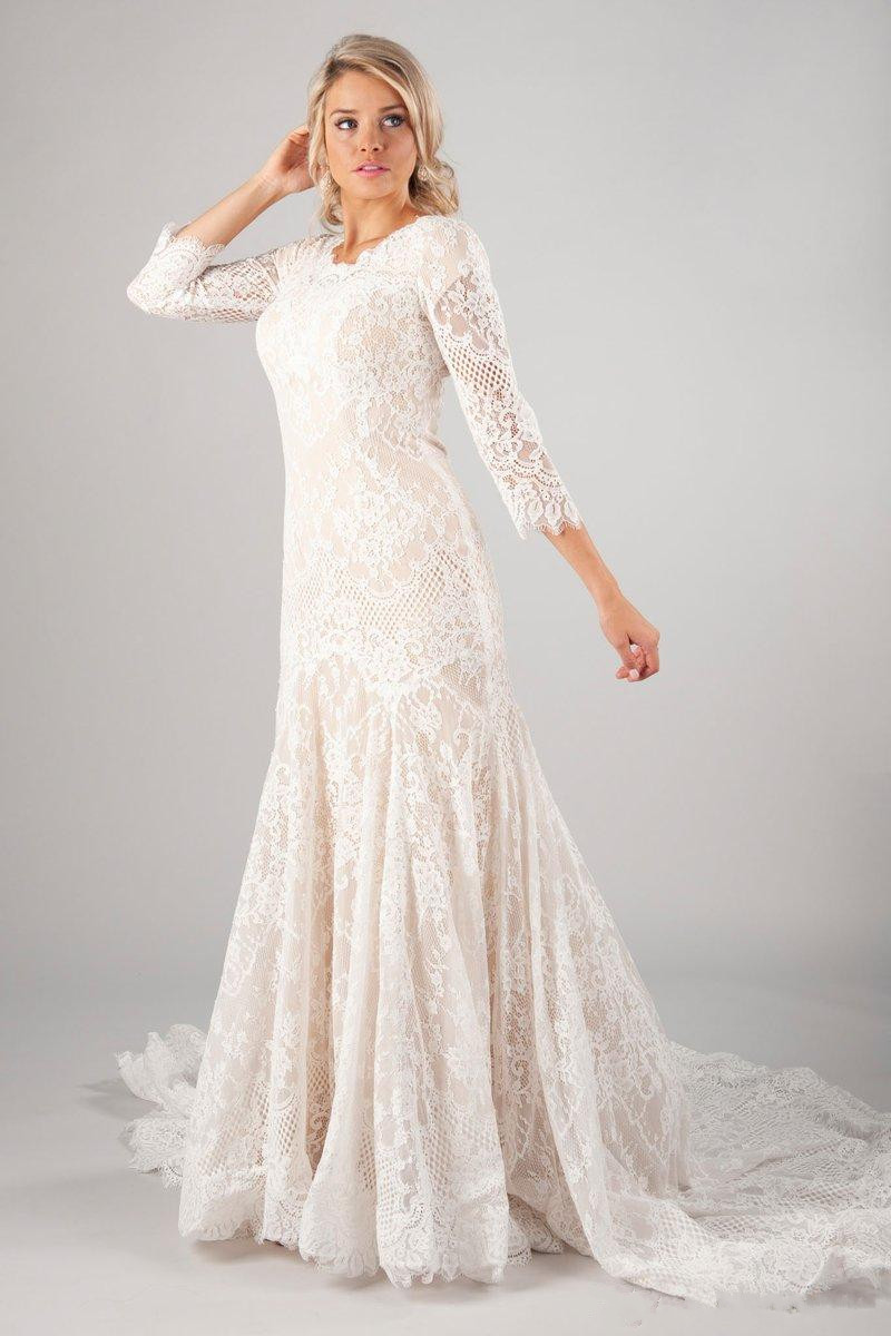 New Mermaid Lace Modest Wedding Dresses With 3/4 Long Sleeves Vintage LDS Muslim Bridal Gowns Sweep Train Buttons Back