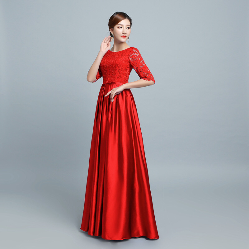 Scoop Neck Lace Satin Evening Dresses Long Royal Blue Burgundy 2020 Floor Length Bridesmaid Dress Abendkleider