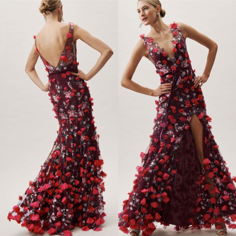 Burgundy Embroidery Mermaid Prom Dresses Sheer Deep V Neck 3D Appliqued Split Side Evening Gowns Backless Floor Length Formal Dress