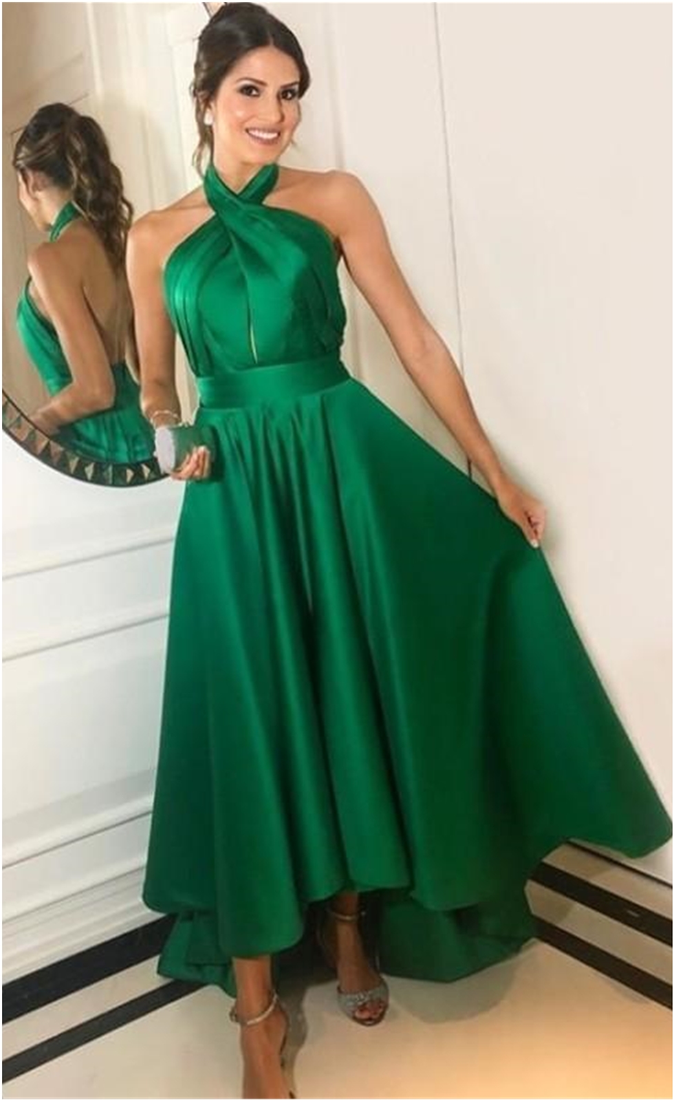2020 Sleeveless Pleated Satin Sexy Backless Ankle Length Prom Party Formal Gowns Elegant Hunter Halter A-line Hi-Lo Evening Dresses
