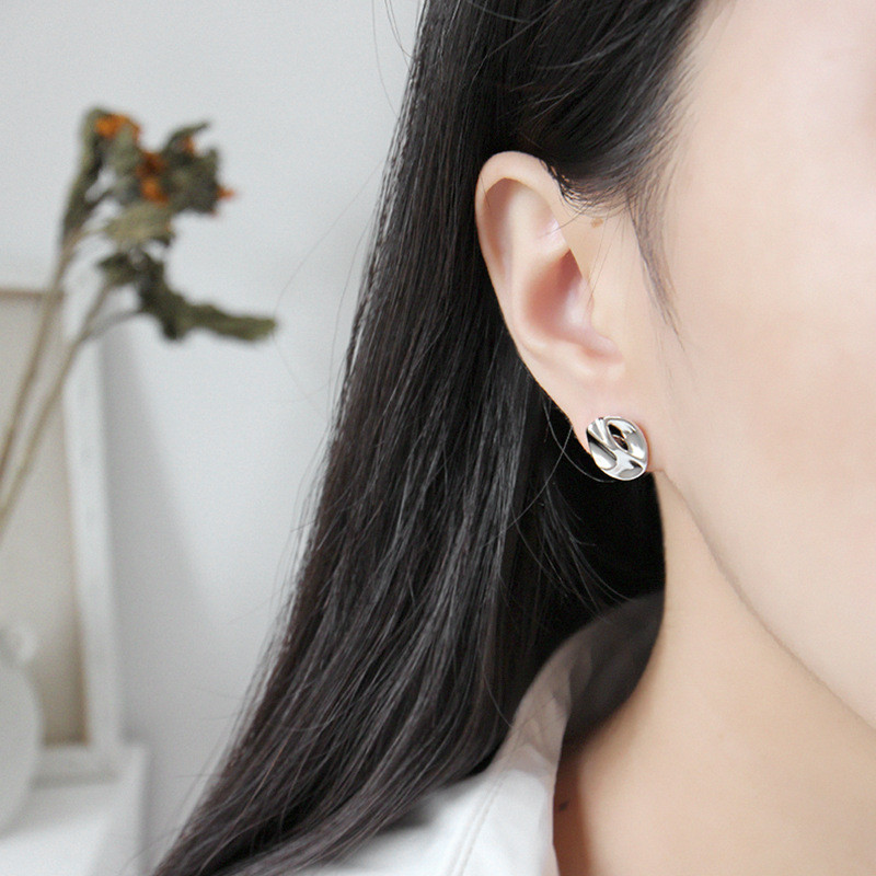 New Geometric Round Stud Earrings For Women Student Authentic 925 Sterling Silver Irregular Concave Convex Earring