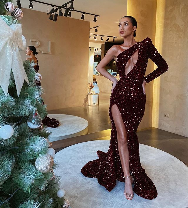 Gliter Sexy Mermaid Prom Dresses One Shoulder Long Sleeve Evening Gowns Sparkly Side Split Sweep Train Fashion Party Dress