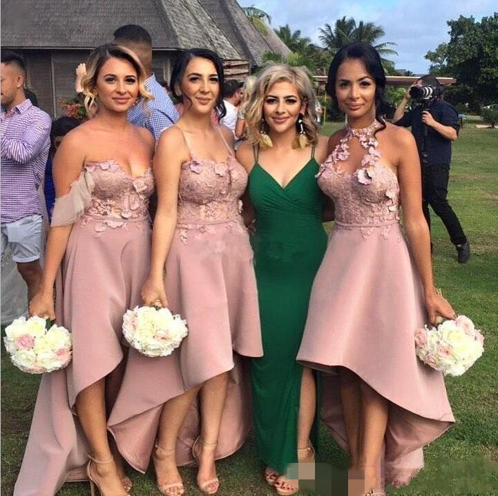 Pink High Low Bridesmaid Dresses Halter Spaghetti Straps Sweetheart Satin D Floral Applique Maid Of Honor Gown Garden Wedding Wear