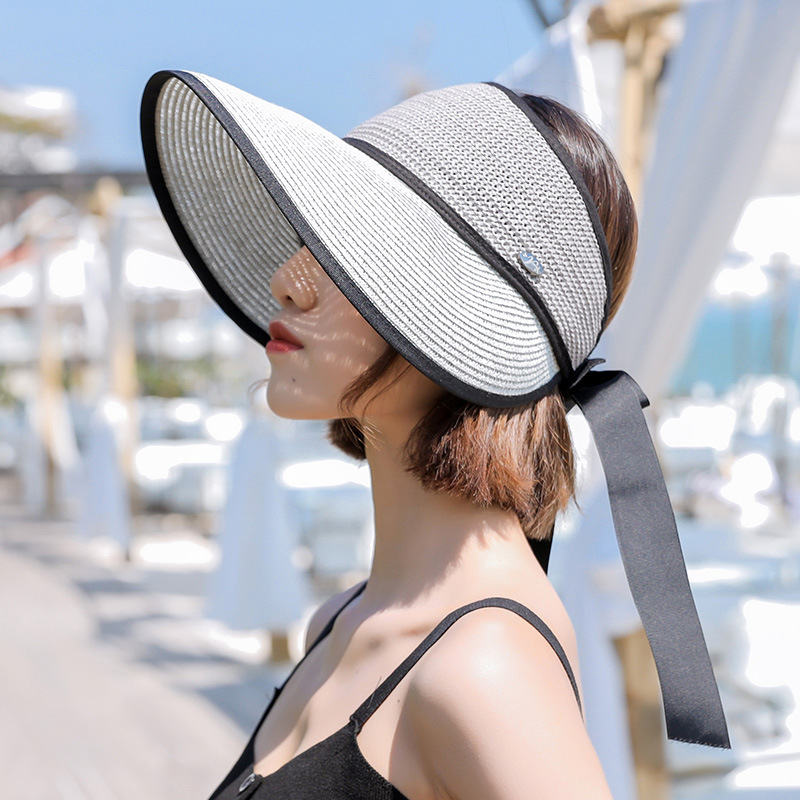 Fashion Women Ladies Summer Large Wide Brim Sun Hat Foldable Roll Up Bowknot Decor Beach Visor Cap Outdoor Travel Cap Empty Hat