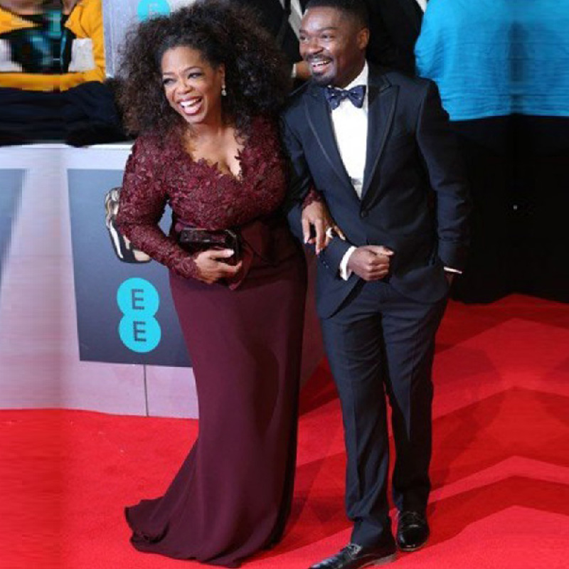 Red Carpet Plus Size Burgundy Evening Dresses Oprah Winfrey Sheath V-Neck Long Sleeve Lace Top Sweep Train Prom for Fat Women party gowns