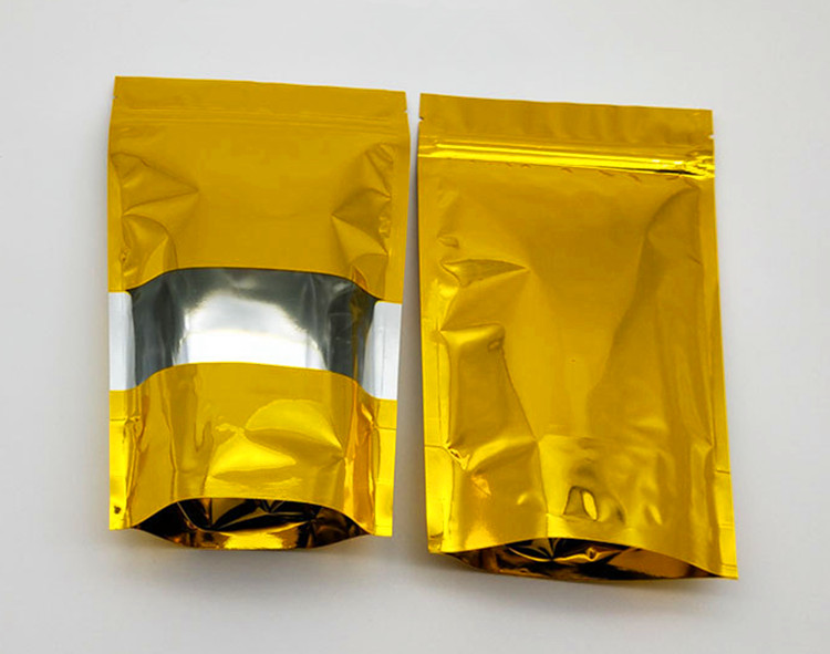100pcs Stand up Glossy Gold Window Zip Lock Bag Resealable Golden Heat Sealing Sugar Kitechen Supplies Ground Coffee Corn Snack Display Storage Pouche