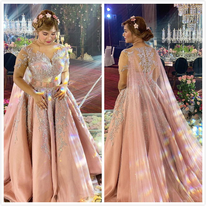 2020 Plus Size Arabic Aso Ebi Blush Pink Lace Beaded Wedding Dresses Sheer Neck Bridal Dresses Vintage Sexy Wedding Gowns ZJ244
