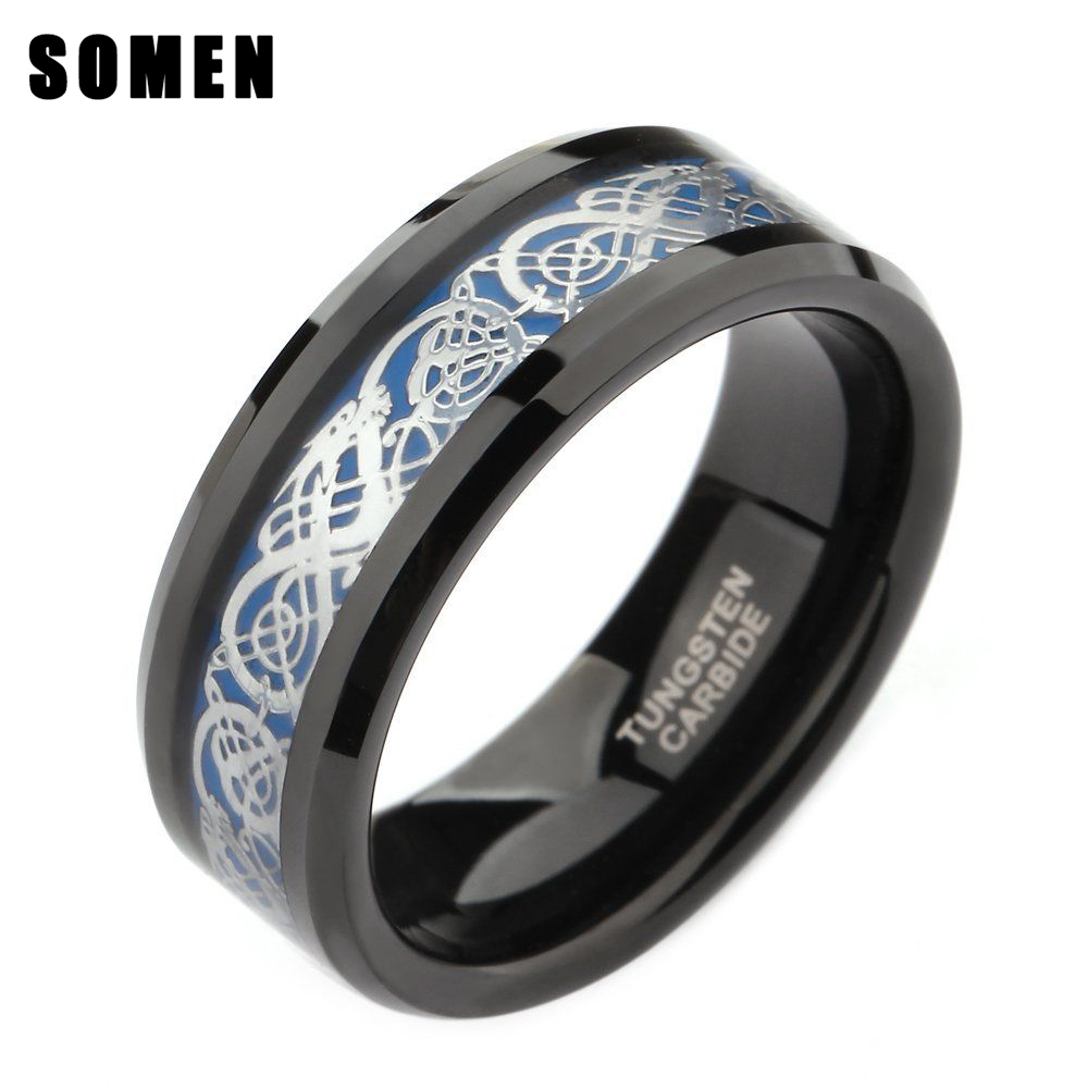 Somen Ring Men 8mm Black Tungsten Ring Celtic Dragon Inlay Polished Male Engagement Rings Cool Jewelry Friend Gifts Anel Hombre D19011502