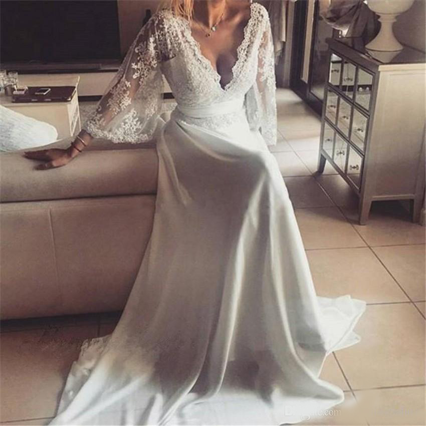 Bohemian Wedding Dresses Illusion Lace Bridal Gown Backless Long Sleeve Deep V Neck Wedding Gowns Boho Chiffon Plus Size Beach Bridal Dress