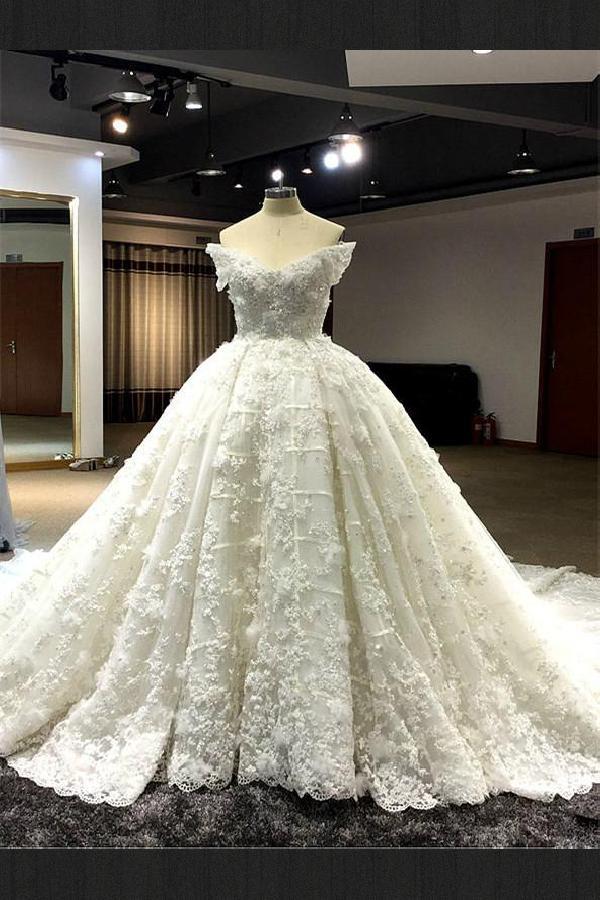 2019 Luxury Ball Gown Wedding Dresses With Petticoat Lace 3D Floral Appliqued Beads Off The Shoulder Arabic Bridal Gowns Plus Size Dress