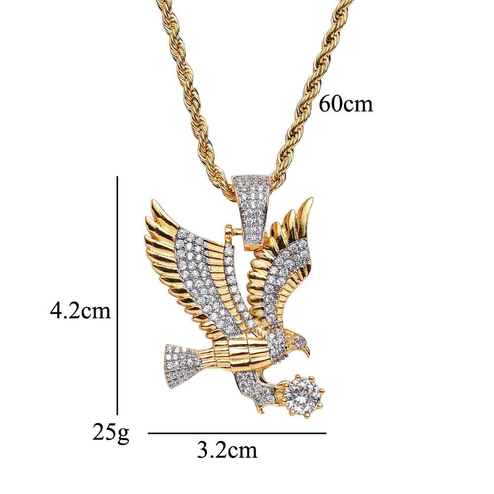 hip hop Eagle diamonds pendant necklaces for men western copper zircon luxury necklace real gold plated 3mm 60cm Stainless steel t