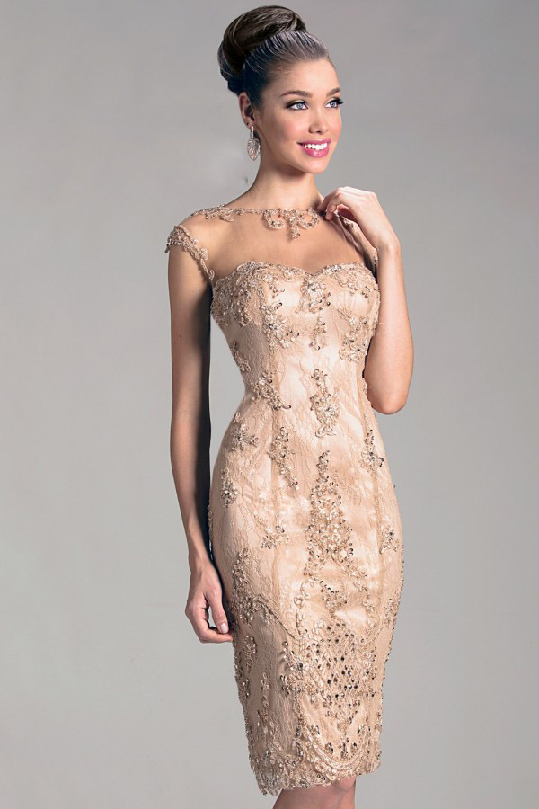 Elegant Janique Sheath Mother of The Bride Dresses Jewel Sleeveless Lace Applique Sequins Wedding Guest Dress Knee Length Evening Gowns