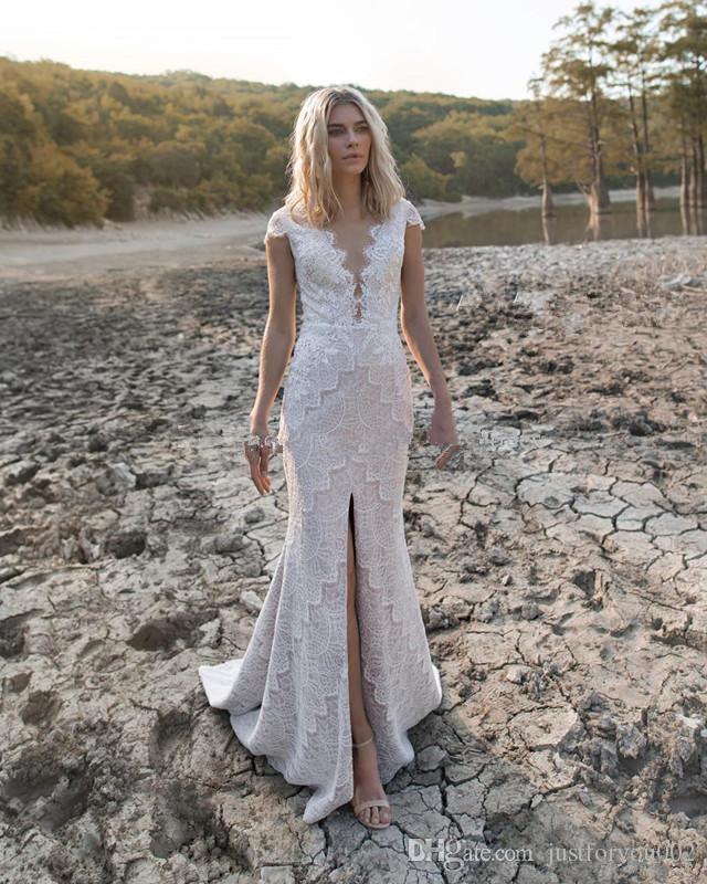 Lace Mermaid Wedding Dresses Cap Sleeve Deep V Neck Front Split Bridal Gowns Covered Button Back Beach Wedding Dress Vestidos De Novia