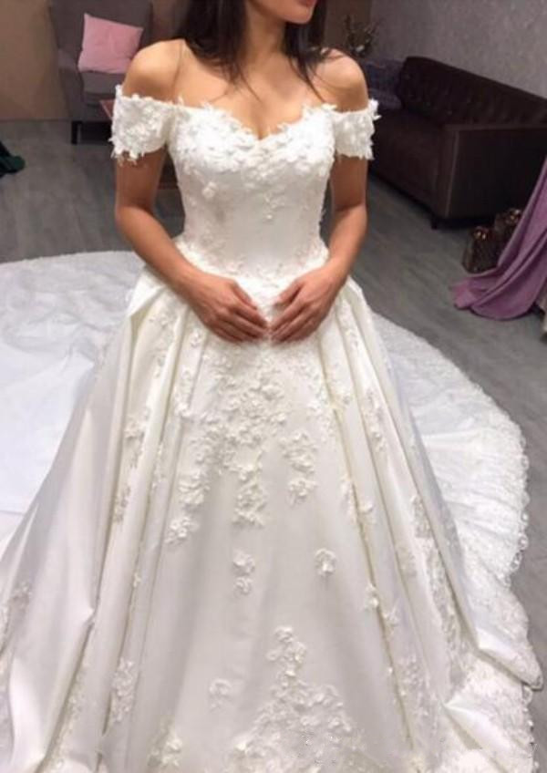 Satin Dresses Cathedral Train Sweetheart Off The Shoulder Exquisite Lace Appliques Bridal Gowns Plus Size Wedding Dress