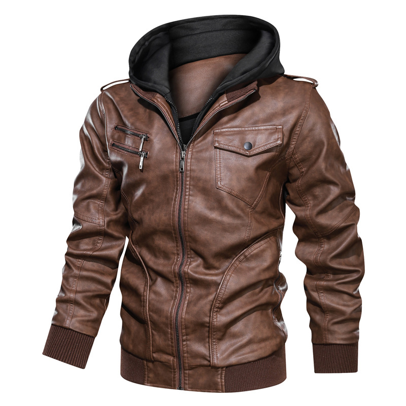 Spot Leather winter men's removable cap washed pu jacket large size casual motorcycle men