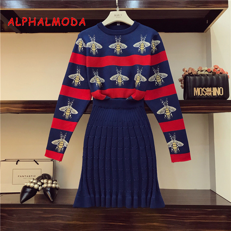 ALPHALMODA 2018 Bees Hit Striped Colored Women Knitted Sweater Skirt Suits OL Autumn Winter Vintage Fashion Clothing Sets