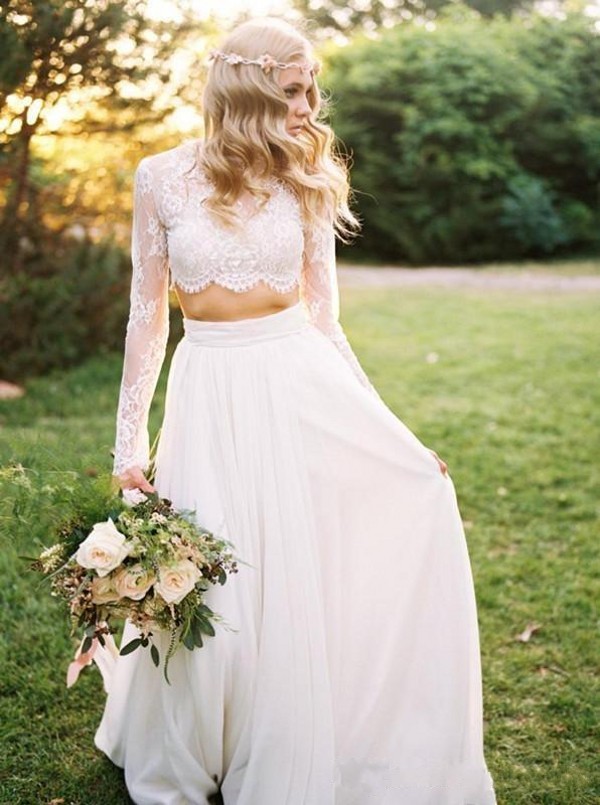 Simple Country Wedding Dresses Bohemian Two Pieces Jewel Neck A Line Lace and Tulle Long Sleeve Bridal Gowns 2019