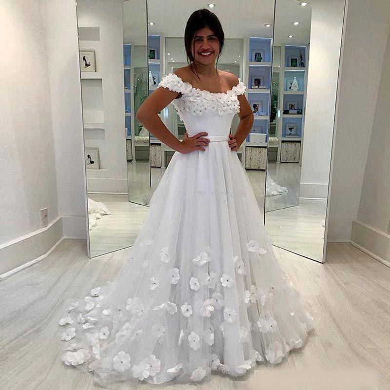 White A Line Wedding Dresses Off Shoulder Flora Beaded Appliques Bridal Dress South African Cheap Wedding Dress Custom Made
