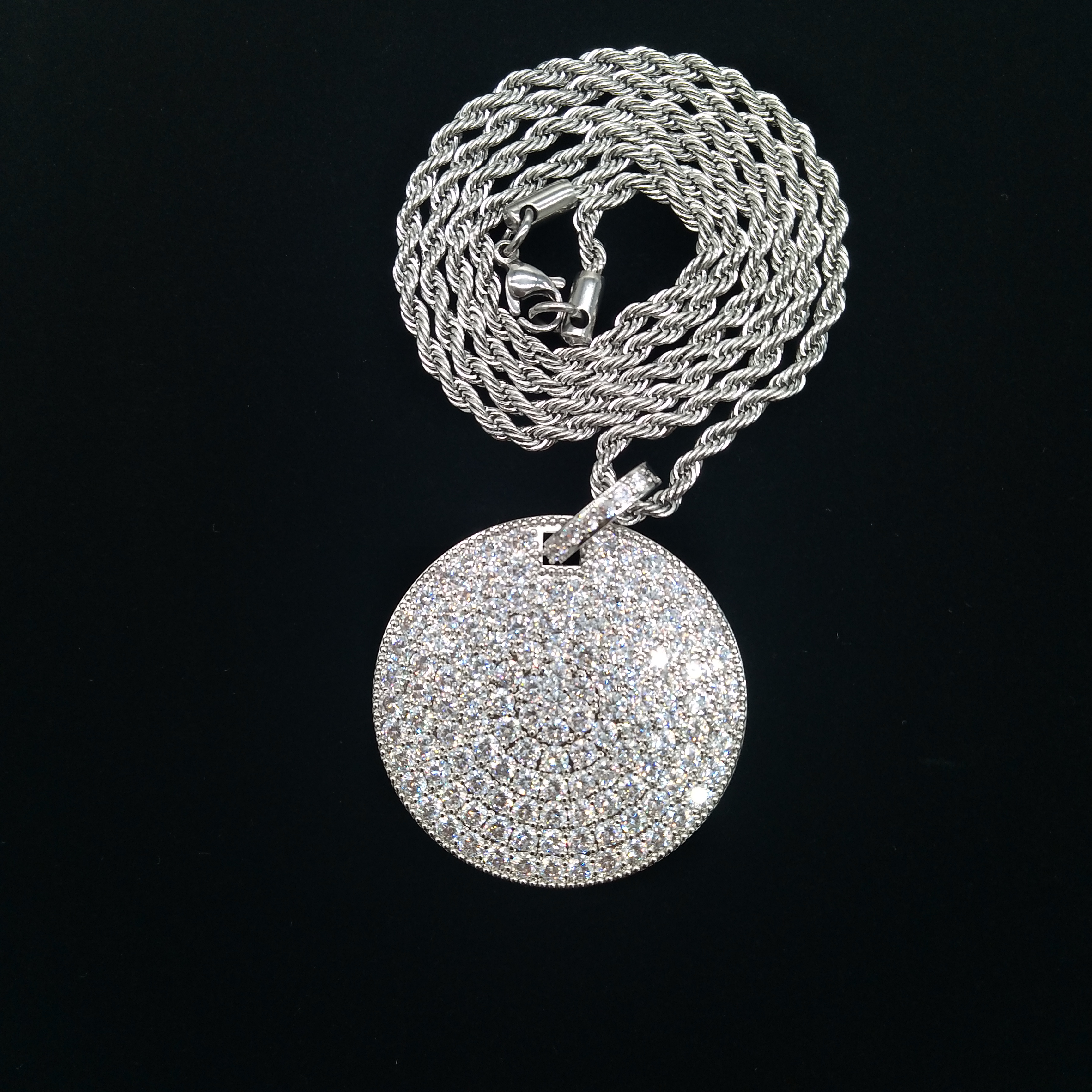 18K Gold Plated Iced Out Full CZ Cubic Zirconia Round Pendant Necklace Twist Chain Hip Hop Rapper Punk Rock Jewelry Gifts for Men and Women