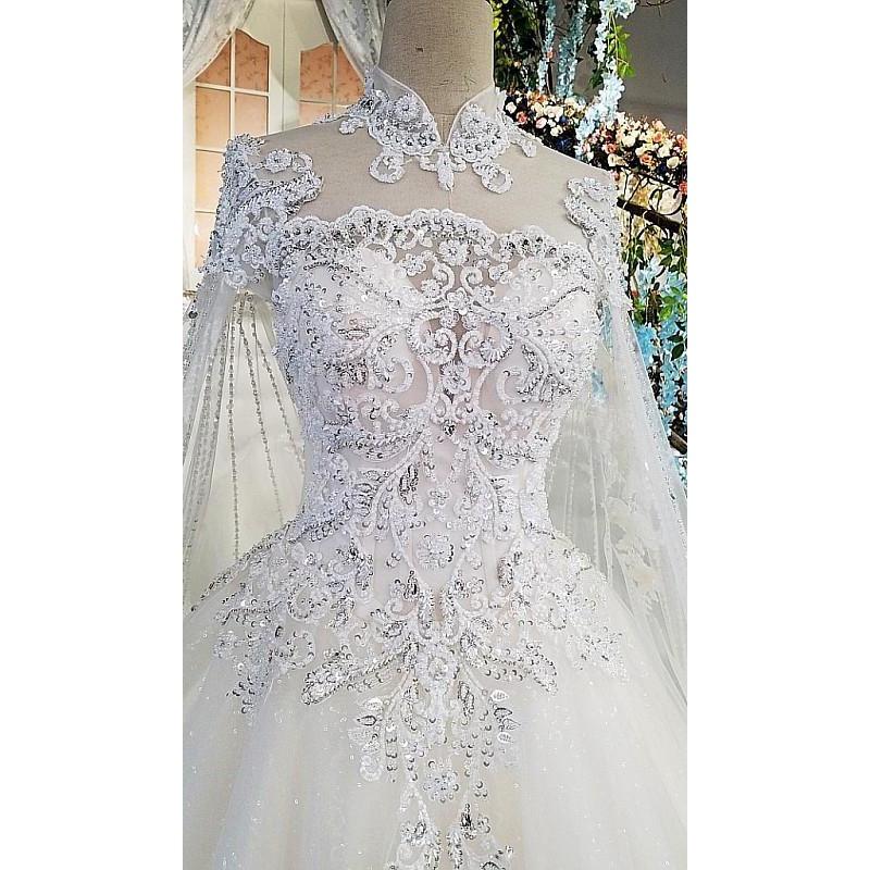 Gown Lace Ball Wedding Dresses High Neck Beaded Long Sleeves Bridal Gowns Sequined Tulle Cathedral Train Appliqued Robes De Marie s