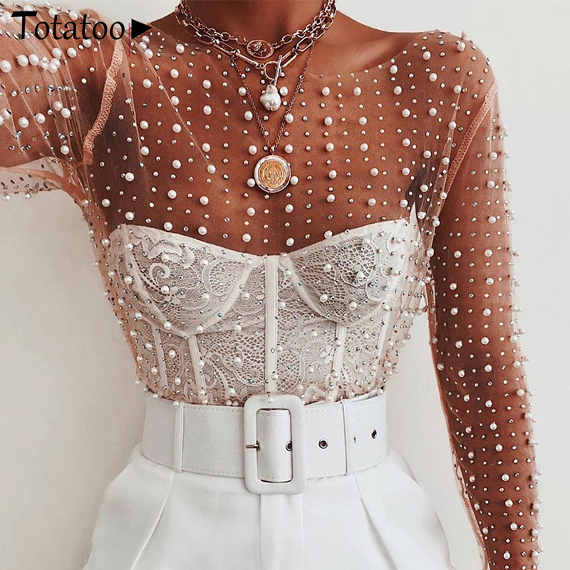 Totatop Mesh Transparent Pearl Blouse Shirts Women 2020 Summer Sexy See Through Tops Female Long Sleeve Sheer Diamond Blusa Tops, As shown
Totatop Mesh Transparent Pearl Blouse Shirts Women 2020 Summer Sexy See Through Tops Female Long Sleeve Sheer Diamond Blusa Tops, As shown