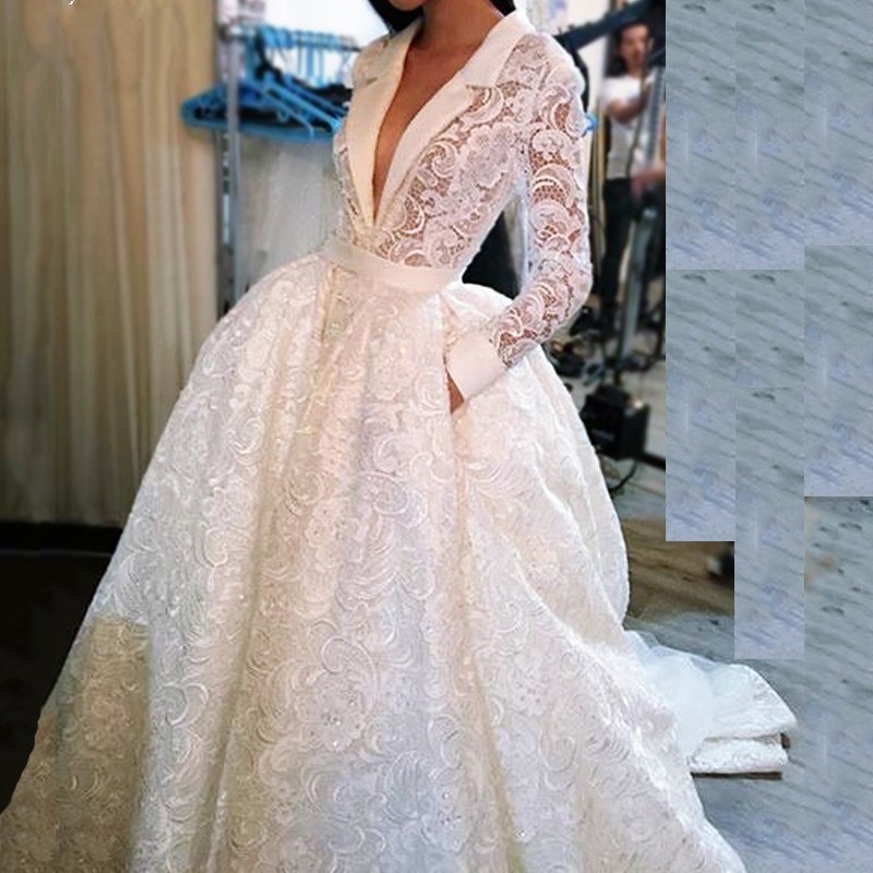 Special Design Lace Long Sleeves Chic Wedding Ball Gowns with pockets deep v neck Custom Made Venice Lace Puffy Illusion Bridal Dress