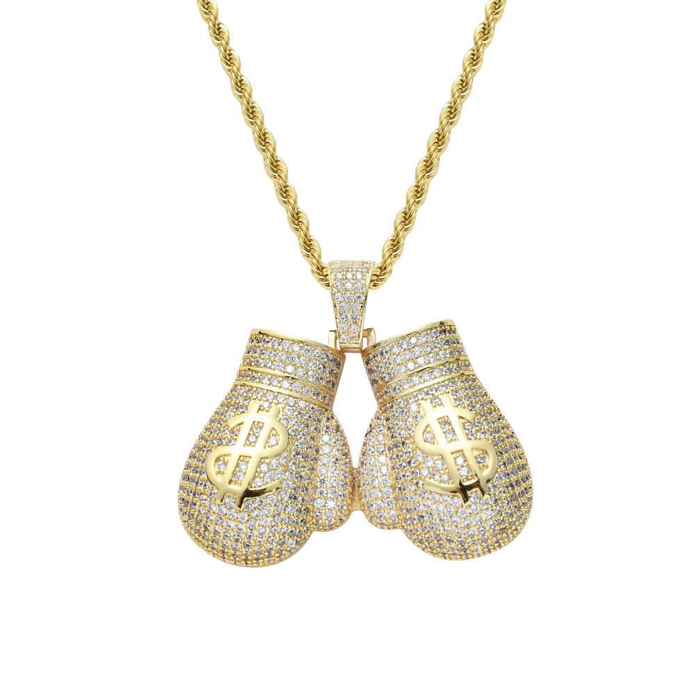 Hip Hop Pair Boxing Gloves Dollor Pattern Pendant Necklace Sports Fitness Jewelry 18K Real Gold Plated Jewelry