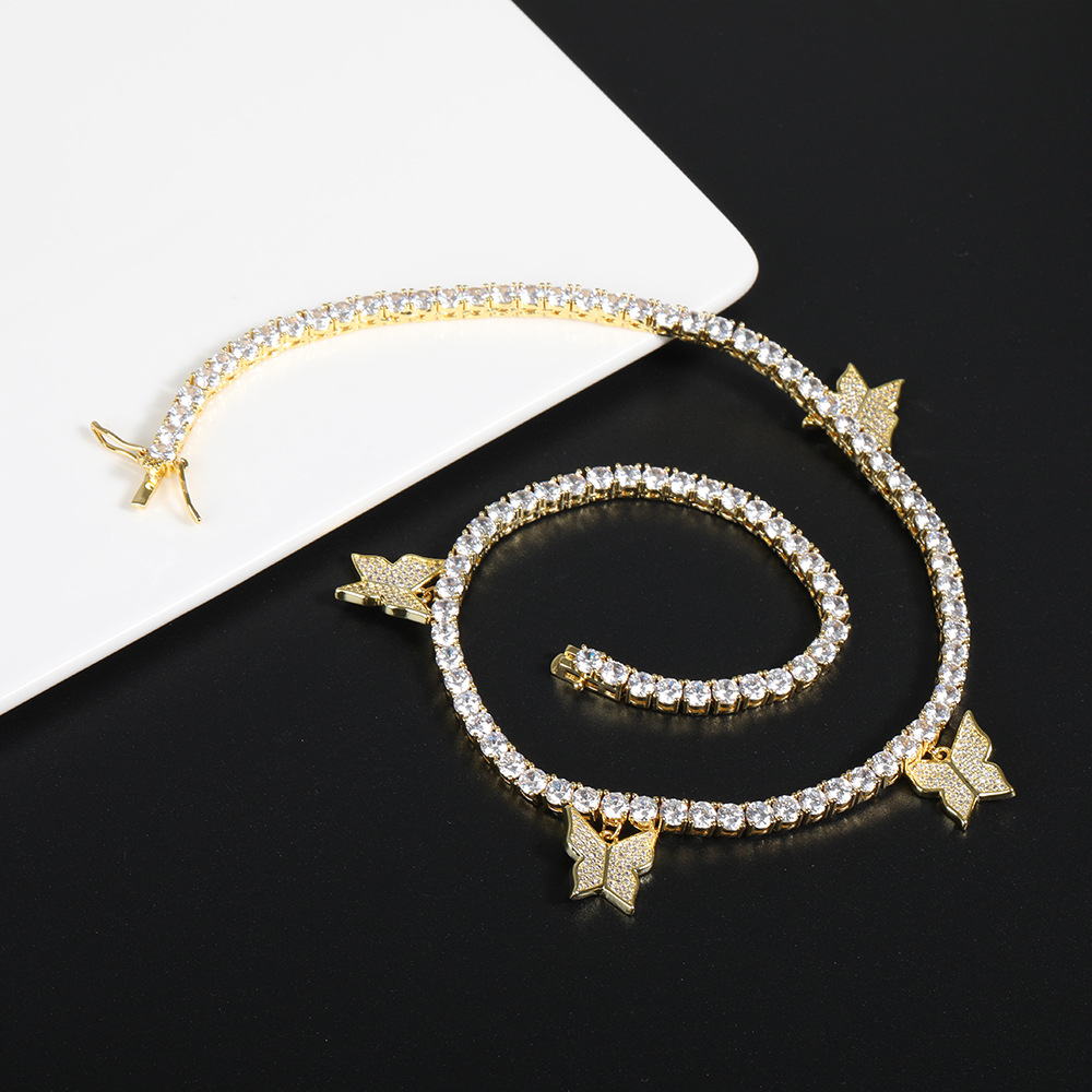 Hip Hop Tennis Chains Diamond Stone Charm Butterfly Pendants Necklace Jewelry Men Women Lover Gift