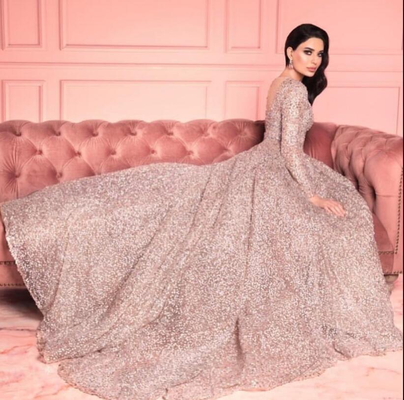 Sparkly Evening Dresses With Pocket Sequined Jewel Neck Sweep Train Long Sleeve Prom Dress A Line Arabic Dubai Formal Women Gowns