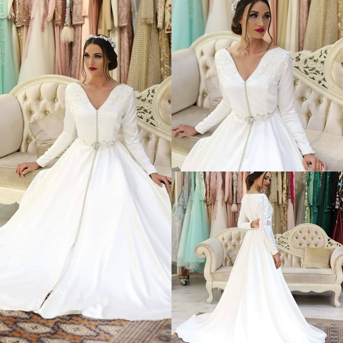 2020 Arabic Dubai White Prom Dresses V Neck Appliques Beaded Long Sleeve Evening Dress A Line Sweep Train Special Occasion Gowns