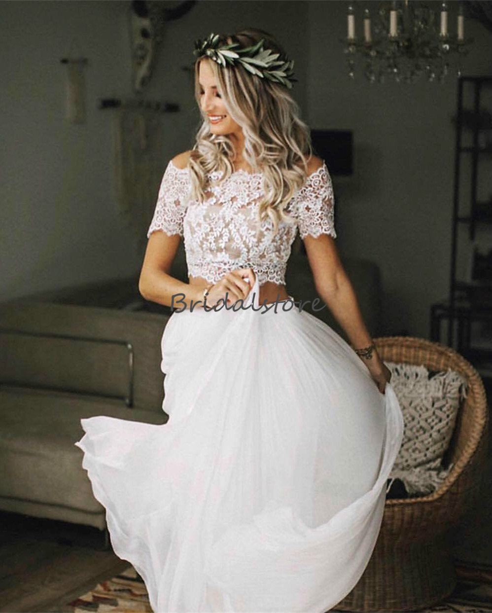 Modest Two Piece Wedding Dresses Boho Crop Top Lace Bateau Neckline Chiffon Country Wedding Dress Short Sleeve Button Back Cheap Bridal Gown