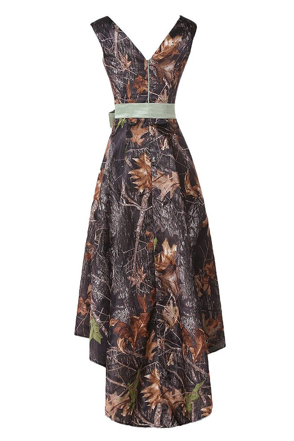 2019 High Low V Neck Camo Prom Dresses With A Line Sleeveless Formal Dresses Plus Size Evening Bridesmaid Wear Party Gown QC1341