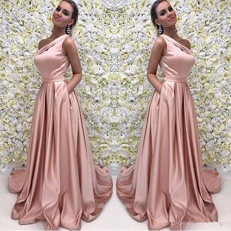 Rose Gold Long Prom Dress Elegant One Shoulder Sleeveless A Line Floor Length Satin Evening Dresses Bridesmaid Formal Gown With Pocket