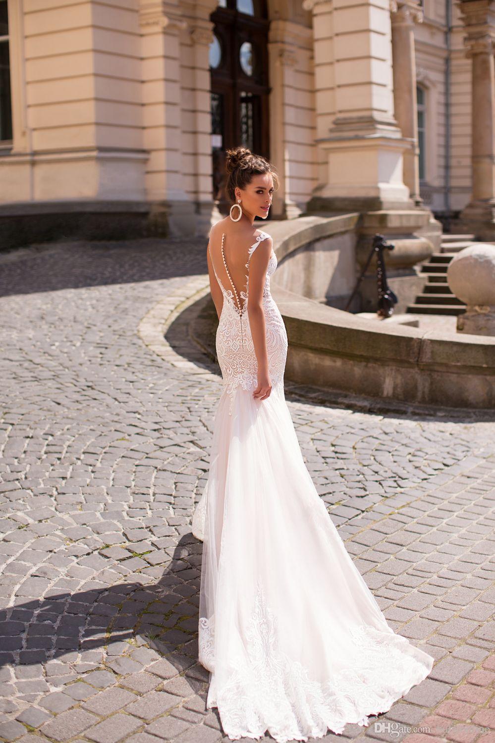 Lace New Stunning White Mermaid Wedding Dresses With Cape Sexy Sheer Button Covered Backless Floor Length Bridal Gowns Vestidos De Soiree