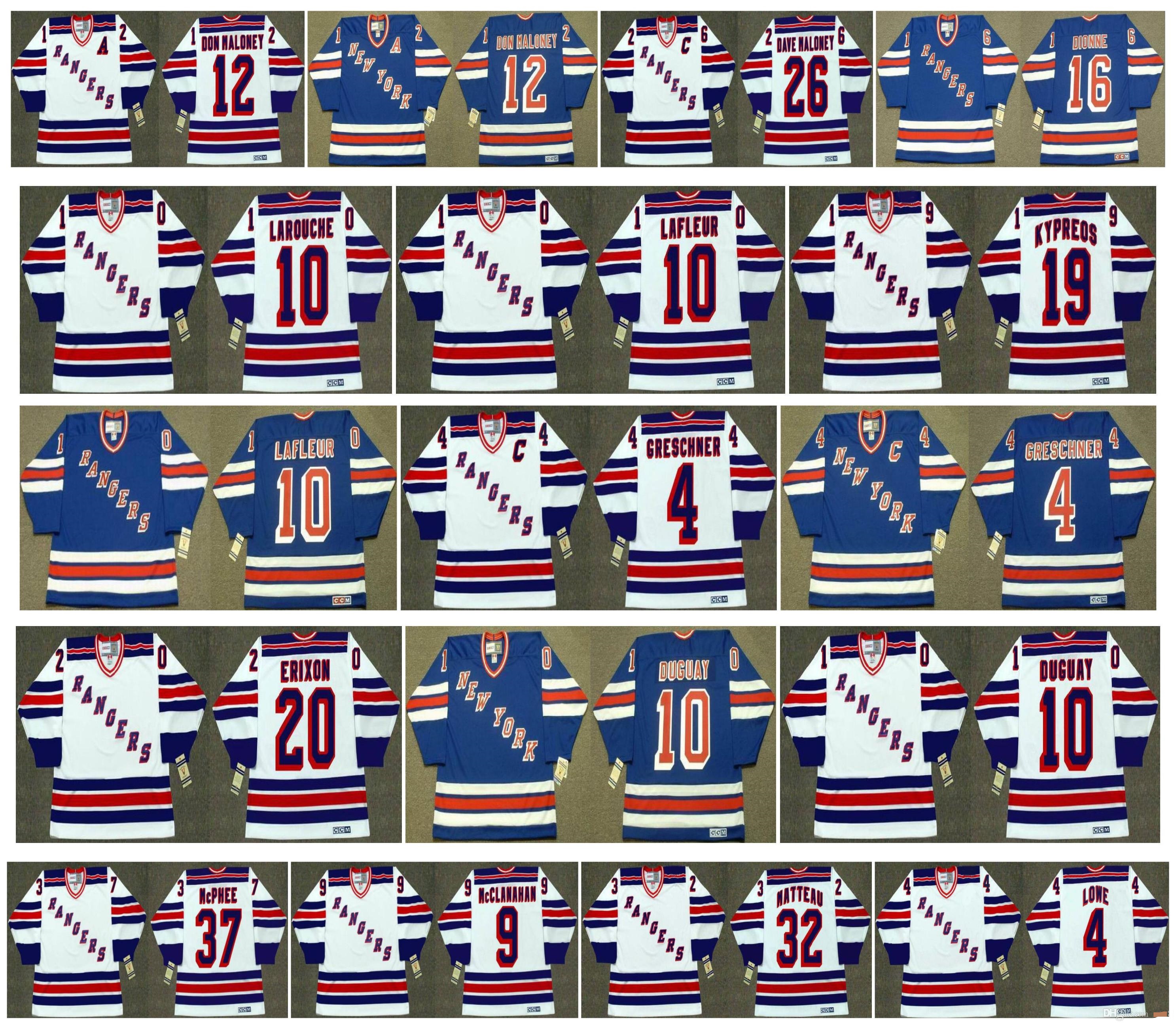 Vintage New York Rangers Jersey 10 Guy Lafleur 10 Pierre Larouche 19 Nick Kypreos 4 Ron Greschner 20 Jan Erixon 10 Ron Duguay CCM Hockey, Colour 13
Vintage New York Rangers Jersey 10 Guy Lafleur 10 Pierre Larouche 19 Nick Kypreos 4 Ron Greschner 20 Jan Erixon 10 Ron Duguay CCM Hockey, Colour 13
