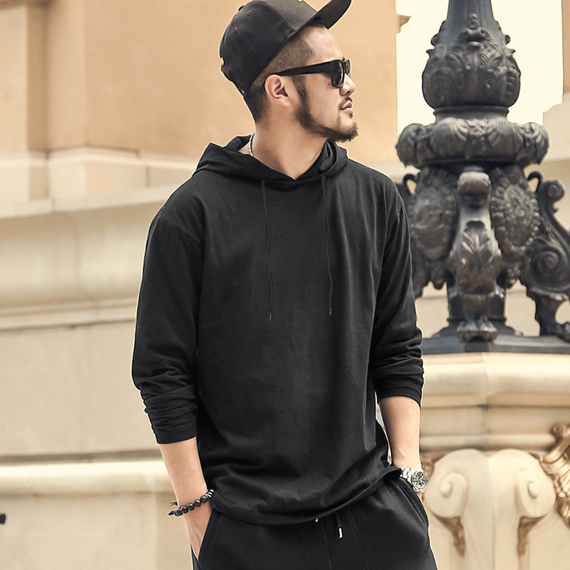 Foreign hip-hop street style side zipper hooded sweater T-shirt long-sleeved T-shirt men's long-sleeved sweater arc hem tide