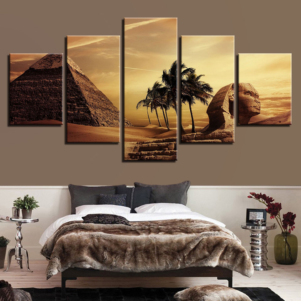 5 Pieces Canvas Egyptian Pyramids Oil Painting Sunset Desert Wall Pictures for Living Room(No Frame)