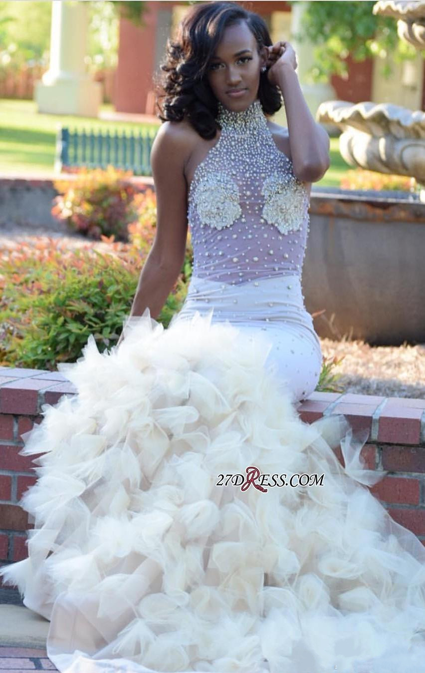 ruffles mermaid prom dresses for black girls formal evening party gowns pageant dress illusion top beaded high neck long vestidos