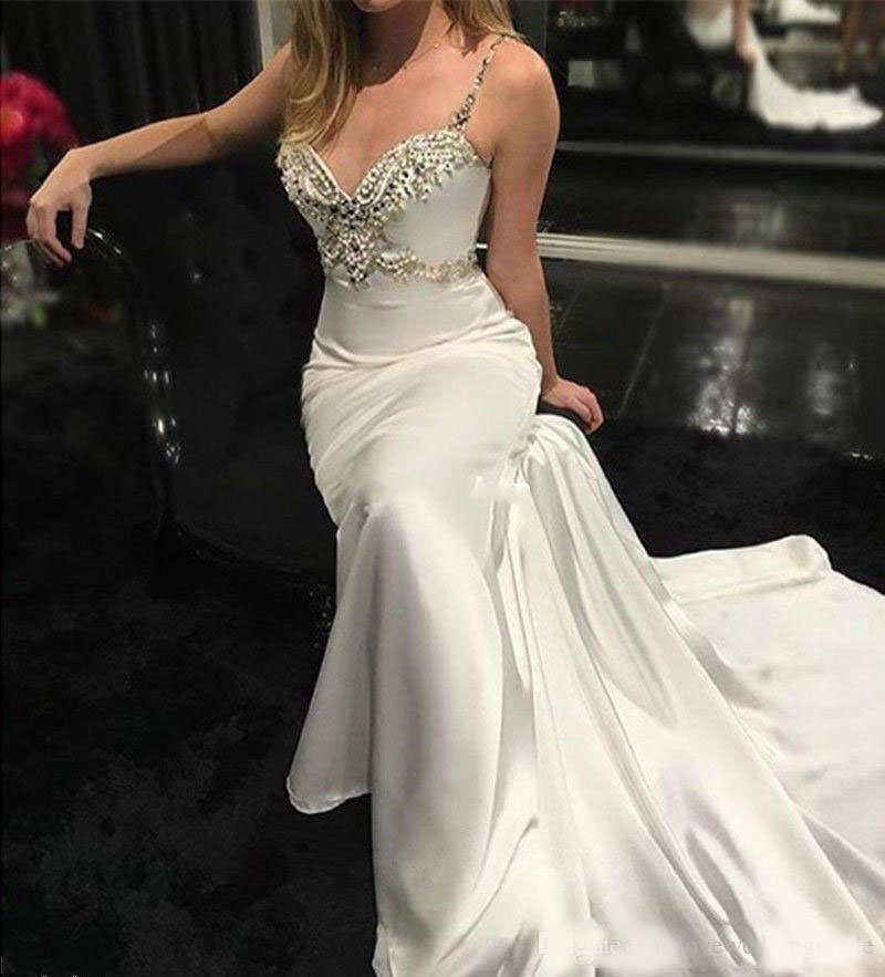 Sexy Backless Crystals Beaded Bridal Dress Sweep Train Beach Wedding Gowns Cheap Modern Spaghetti Mermaid Wedding Dresses