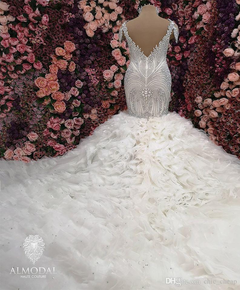 Plus Size Dresses Beads Crystal Lace Tiered Skirts Court Train Cap Sleeves Mermaid Wedding Dress African Bridal Gowns