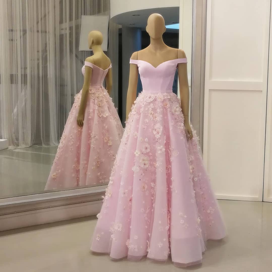 Pink Beaded Sweet Prom Dresses Off The Shoulder 3D Floral Appliqued Formal Dress A Line Floor Length Tulle Sequined Evening Gowns