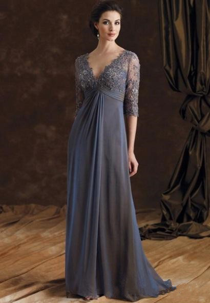 Chic Mother's Dresses Mother Of The Bride Wear V-Neck Empire Waist A-Line Groom Wear Floor-Length Chiffon Plus Size Evening Gowns