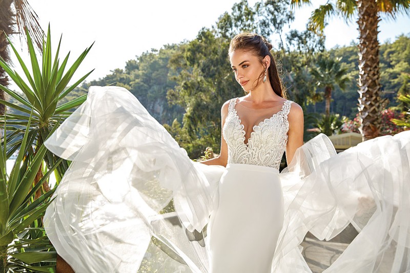 eddy k mermaid wedding dresses with detachable skirt lace appliqued bridal gowns sheer v neck satin country boho beach wedding dress